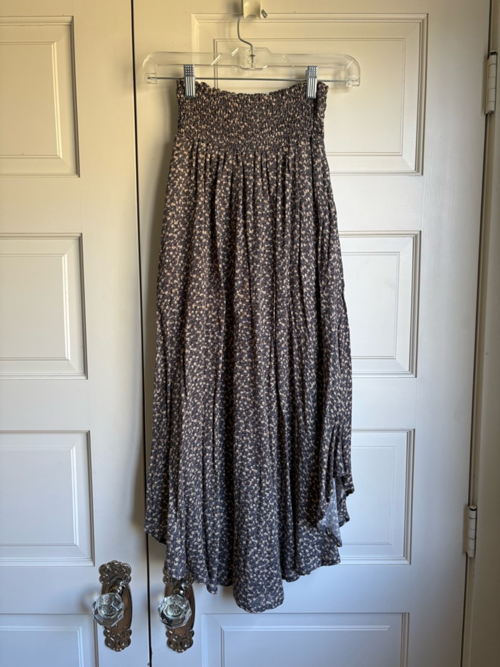 Smocked Waist High-Low Maxi Skirt - Gray Floral